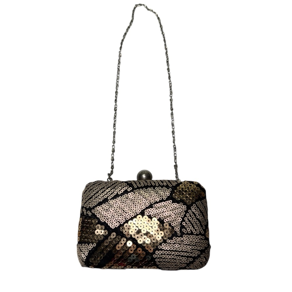 Jessica McClintock Sequin Minaudière Clutch Gold Black Geometric Hard Case